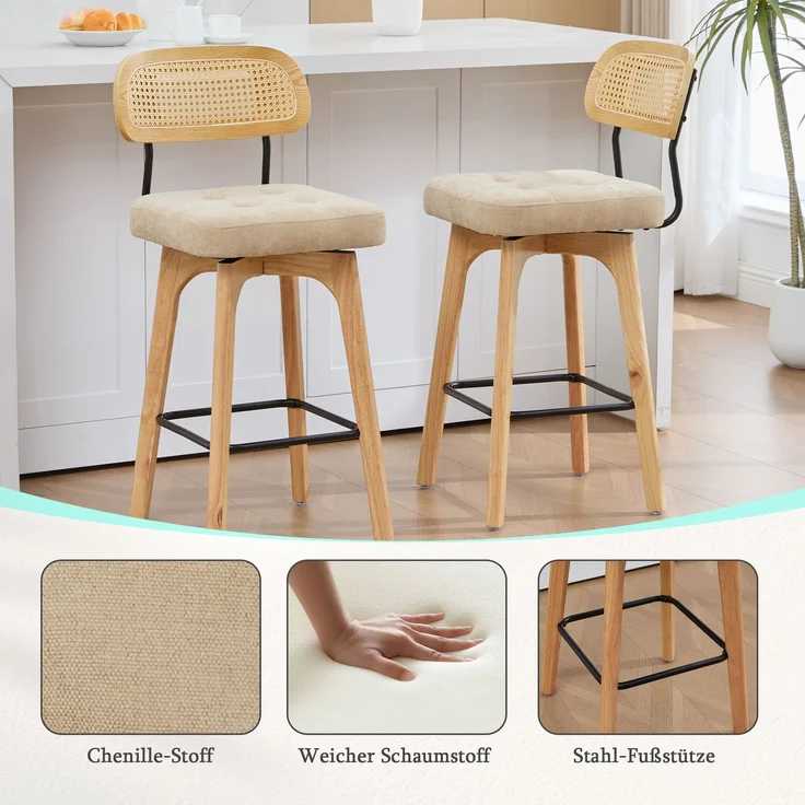 2er-Set um 360° drehbare Barhocker, Küchen- und Frühstücksbarhocker mit Rückenlehne, Rückenlehne aus Rattan mit gepolsterter Sitzfläche, Barhocker im modernen Mid-Century-Stil(Khaki, Chenille)--khaki--51x44x96cm--YOUDENOVA – Bild 3