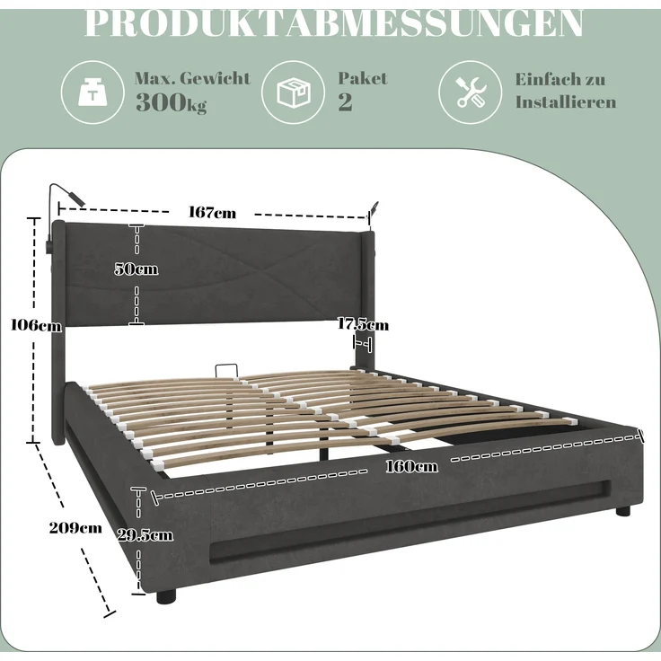 LVHOM Boxbett 160x200cm, Bettgestell mit integrierter Beleuchtung & Stauraum, USB/Typ-C-Ports, XXL-Hydraulik-Storage, platzsparend & Smart-Home-Anschlüssen – Bild 2