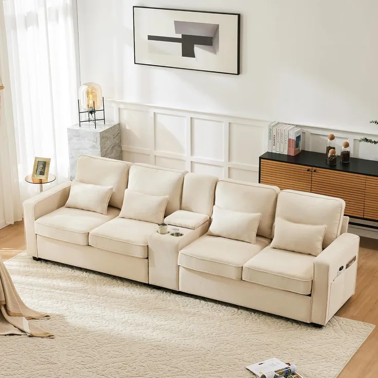 Ball & Cast Sofa mit 2 Getränkehaltern und 2 USB-Anschlüssen, Couch mit Schlaffunktion für Wohnzimmer, Wohnung, Büro, 290 x 83 cm, Beige