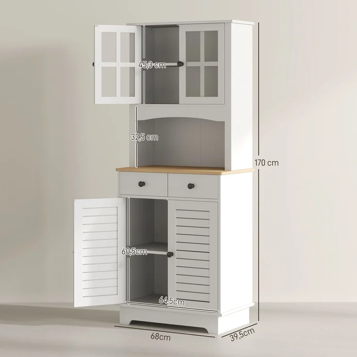 ZUBALIYA Küchenschrank (68 x 39,5 x 170 cm), 2 Schubladen, Lamellengestaltung, Verstellbare Einlegeböden, Weiß – Bild 3