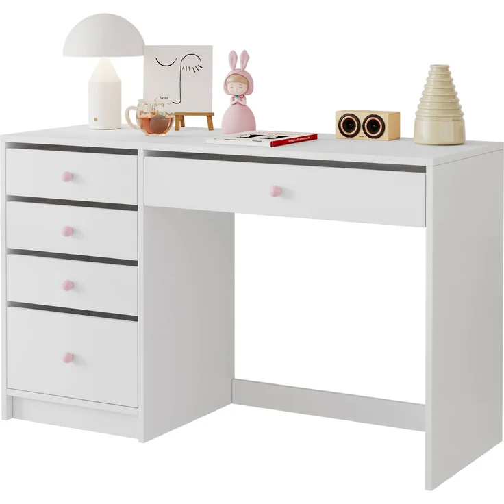 EINHOM Schreibtisch, Schlichter Kinderschreibtisch, Zeitloser Computertisch/Dressingtable, mit 5 Aufbewahrungsschubläden, Rosa Keramikgriffen, für jedes Alter geeignet, Weiß, 120 x 45 x 74 cm – Bild 5