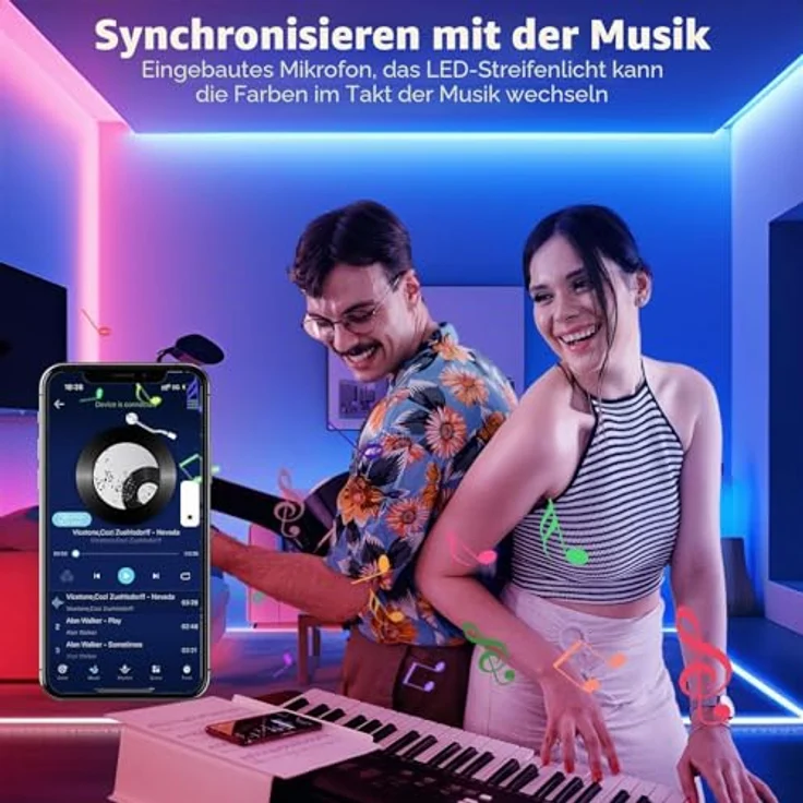 Realky LED-Streifen, 20 m, LED-Lichter, Farbwechsel, Bluetooth-App und Fernbedienung mit 44 Tasten, Synchronisierung von Musik und Timer, Dekoration LED-Streifen für Schlafzimmer, Partys (10 m x 2) – Bild 4