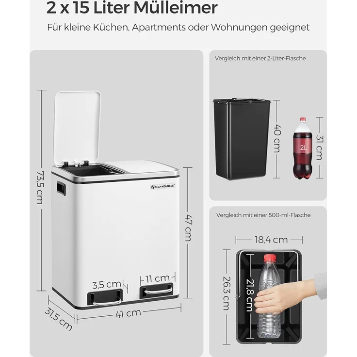 Songmics Mülleimer mit Softclose-Deckel, 2x15 Liter, Stahl wolkenweiß, 41 x 31,5 x 47 cm – Bild 5