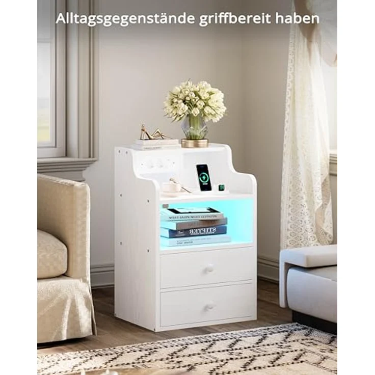 IRONCK Nachttisch LED mit Steckdose und Ladefunktion, Beistelltisch Holz, Nachtschrank mit 2 AC, 1 USB& 1 Type-C Anschlüsse, Sofatisch mit 2 Schubladen, Nachtkästchen Wohnzimmer,Schlafzimmer, Weiß – Bild 9
