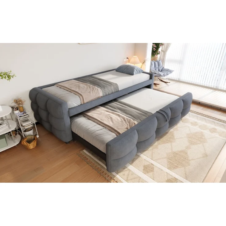 ZUBALIYA Schlafsofa 90x180 cm, ausziehbare Liegefläche, Lattenrost, Leiter, mit Teddy-Stoffbezug, Grau, ohne Matratze – Bild 18