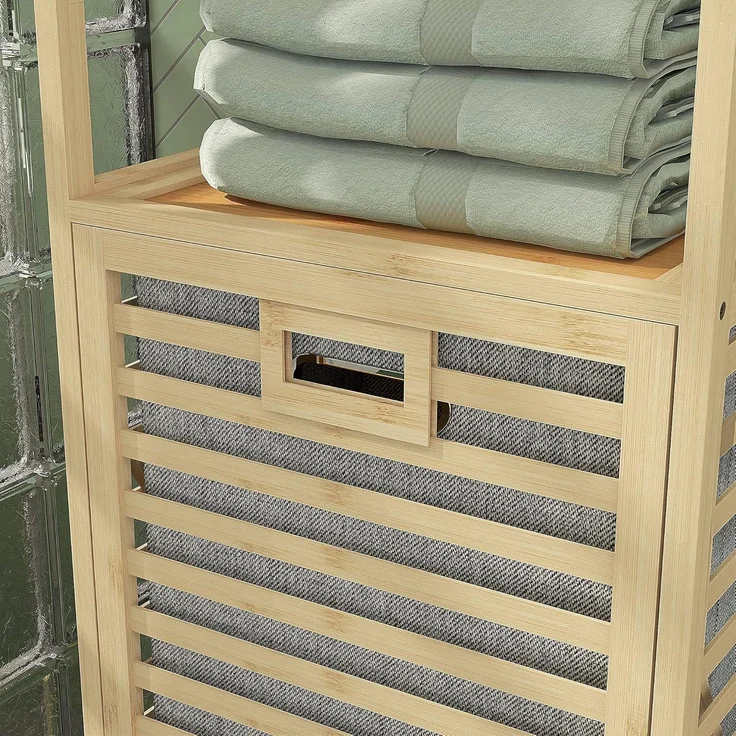 HOMCOM Badregal mit Wäschekorb, schlanker Bambus-Badezimmerschrank, Badezimmerregal 1-tlg, für Badezimmer, Naturholz – Bild 8