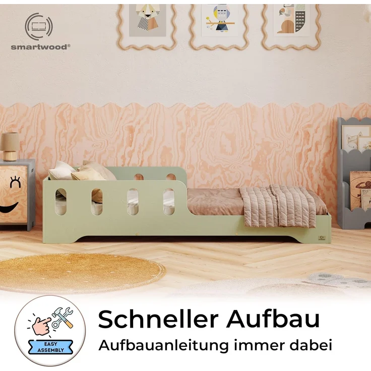 smartwood Kinderbett 120x200 cm in Grün - Montessori Bodenbett mit Rausfallschutz & Lattenrost - Aus handbemaltem Sperrholz - Sicher für Jungen und Mädchen - Einfache Montage - TILA 6 – Bild 4