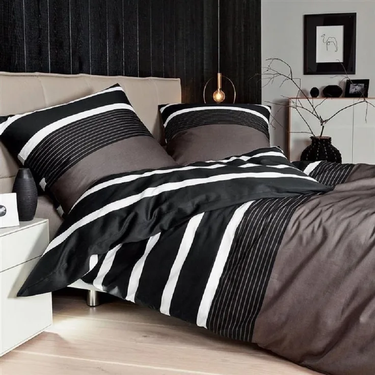 Janine Bettwäsche Davos 65030 07 nougat schwarz Feinbiber 155 x 220 + 80 x 80 cm