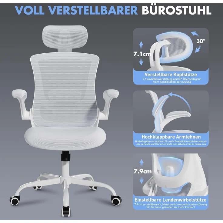 COLAMY Bürostuhl Ergonomisch, Netz-Schreibtischstuhl mit Verstellbarer Kopfstütze, Chefsessel Office Chair mit Lendenwirbelstütze, Verstellbarer Neigungsverschluss Drehstuhl, Weiß – Bild 5
