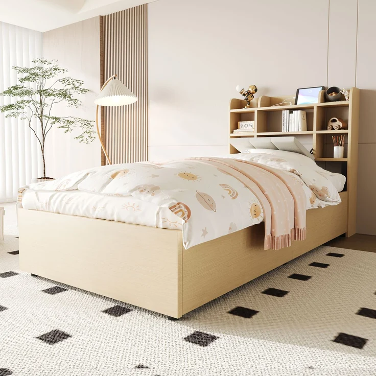 Holzbett 90 x 200 cm, Hydraulisches Bett, Kopfteil mit Stauraum, Ausgestattet mit USB- und Tape-C-Steckdose, Einzelbett, Jugendbett, Holzfarbe (ohne Matratze) – Bild 3