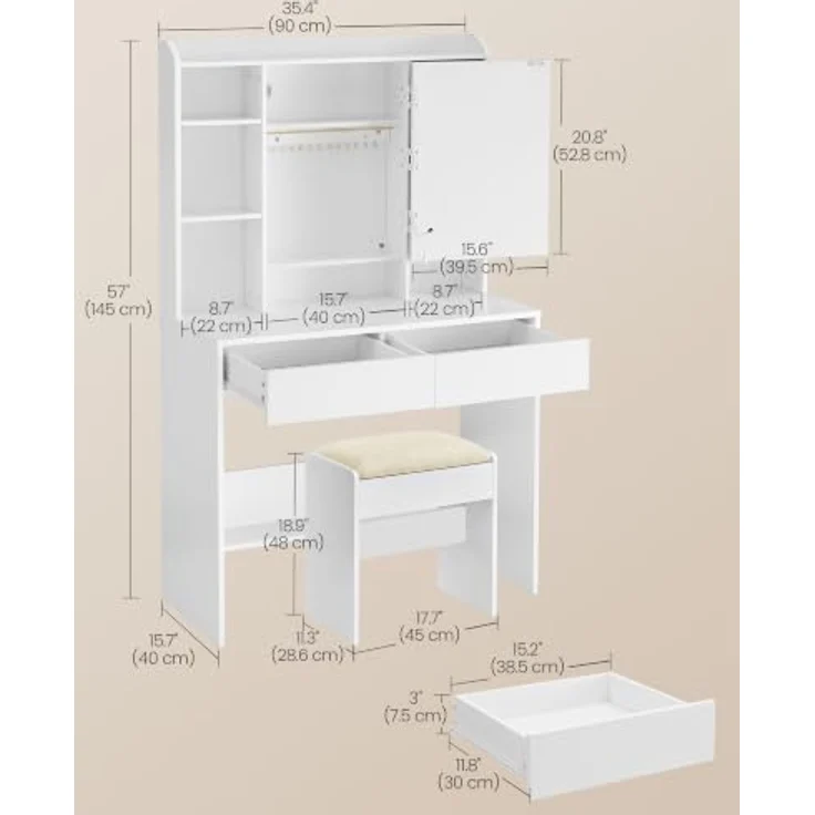 VASAGLE Schminktisch mit Beleuchtung und Hocker Set | Kosmetiktisch, Spiegel mit Ablage, Make-up Organizer, für Schlafzimmer, KAILYN Kollektion RDT123WB01-02 – Bild 3