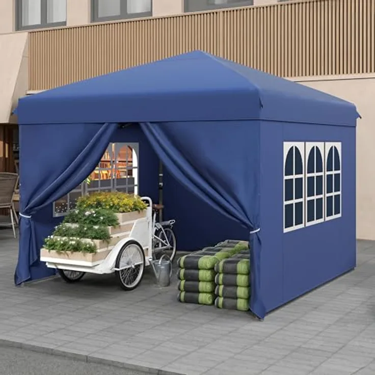YITAHOME Pavillon mit Seitenwänden, 3x3m wasserdichte zusammenklappbares Garten Vordach, Ganzjahres Camping Pavillon UV-Schutz mit Heringen,Seil,Tragetasche,Gewichtsbeuteln Veranstaltungen,blau