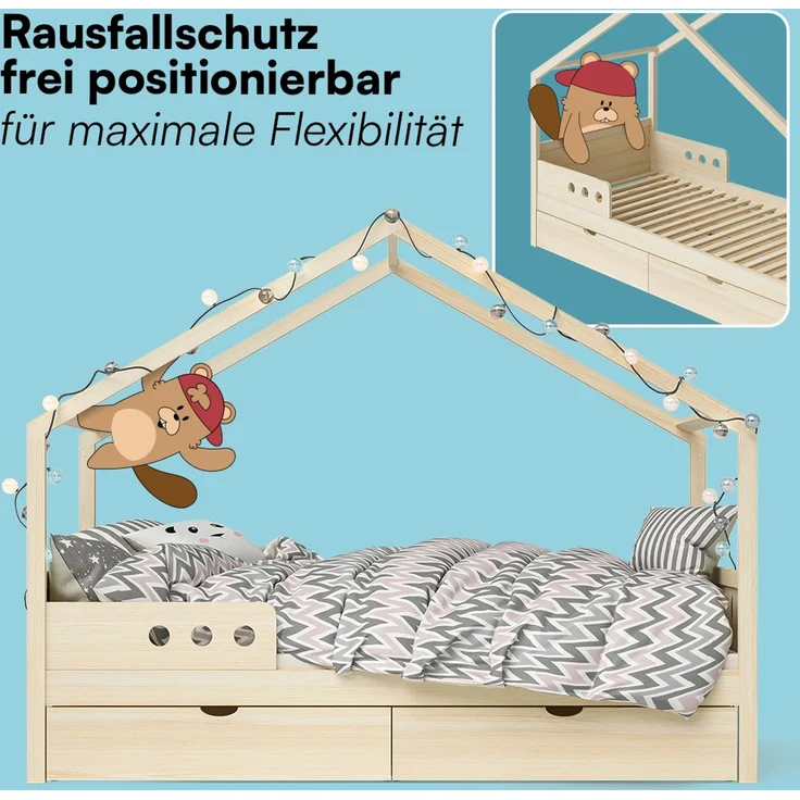 Bellabino 'Bela' Hausbett 90x200 cm mit Gästebett 90x190 cm, natur, Kiefer Massivholz, Montessori Kinderbett mit Ausziehbett, inkl. Rausfallschutz und Lattenrost – Bild 7