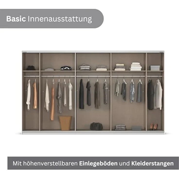 Rauch Möbel Kulmbach, Kleiderschrank mit Schwebetüren für Schlafzimmer, Kinderzimmer, Jugendzimmer, Garderobe, Flur, 3-türig, mit Spiegel, Zubehör Basic, Farbe Weiß, Breite 360 cm – Bild 7