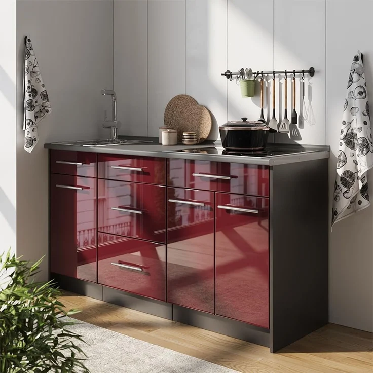 Küchenblock Fame-Line Bordeaux Hochglanz 150 cm, AP Marmor Vicco – Bild 2