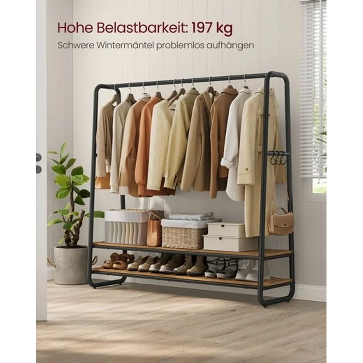 VASAGLE Kleiderständer, Garderobenständer, Garderobe, 2 Ablagen, 6 Haken in S-Form, Stahlgestell, vintagebraun-schwarz – Bild 3