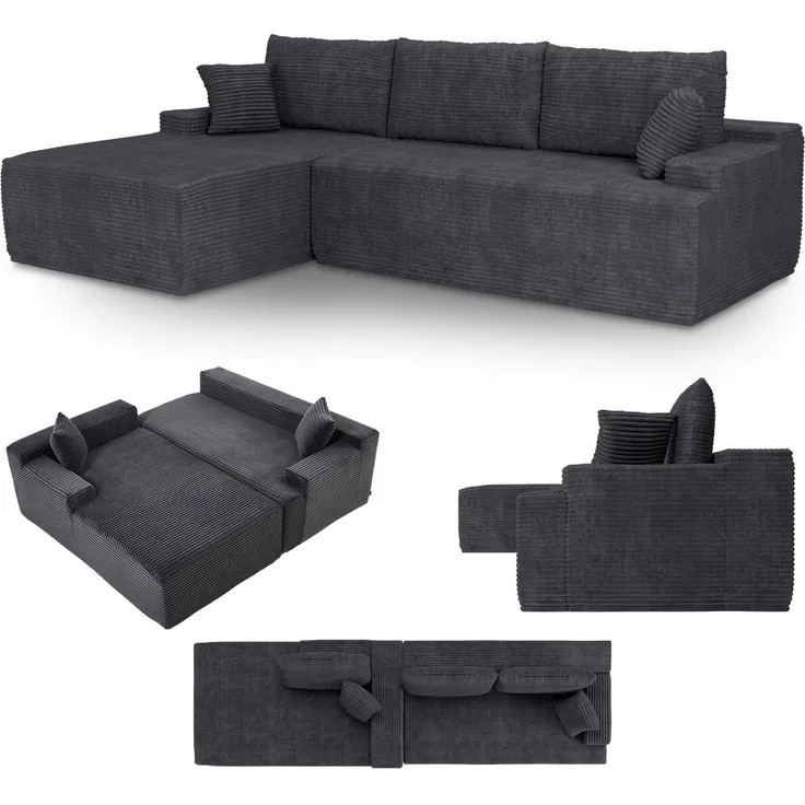 Juskys Sofa Coredo - modernes Cord Sofa mit Ottomane links, gemütliche Couch mit Schaumstoffpolsterung, Cordbezug & Kissen, modular - Dunkelgrau