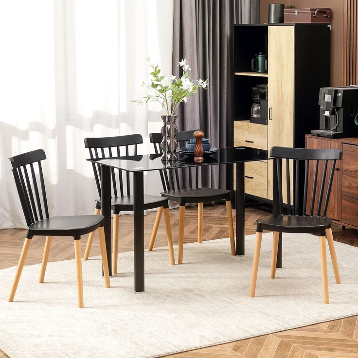 Wohnora-Set aus 4 Stühlen im skandinavischen Stil mit hoher Rückenlehne, Sitzflächen aus Polypropylen, Beinen aus Buchenholz, 48 x 52,5 x 83 cm, schwarz,H 830cm x T 640cm x B 525cm – Bild 2
