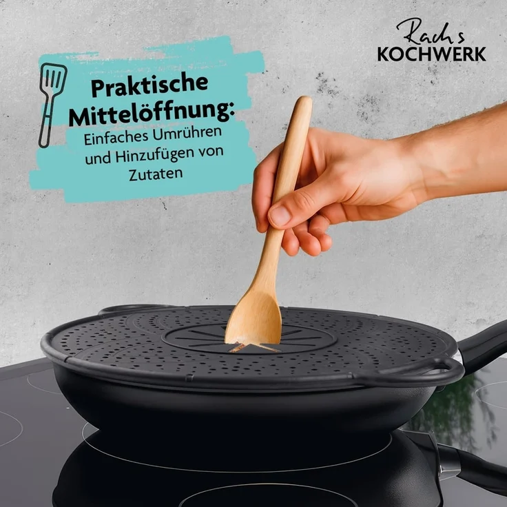 Rachs KOCHWERK Spritzschutzdeckel Silikon Überkoch- und Spritzschutz 31cm schwarz, für Pfannen und Töpfe Abgießhilfe Spritzschutz Dampfgarer Untersetzer – Bild 6