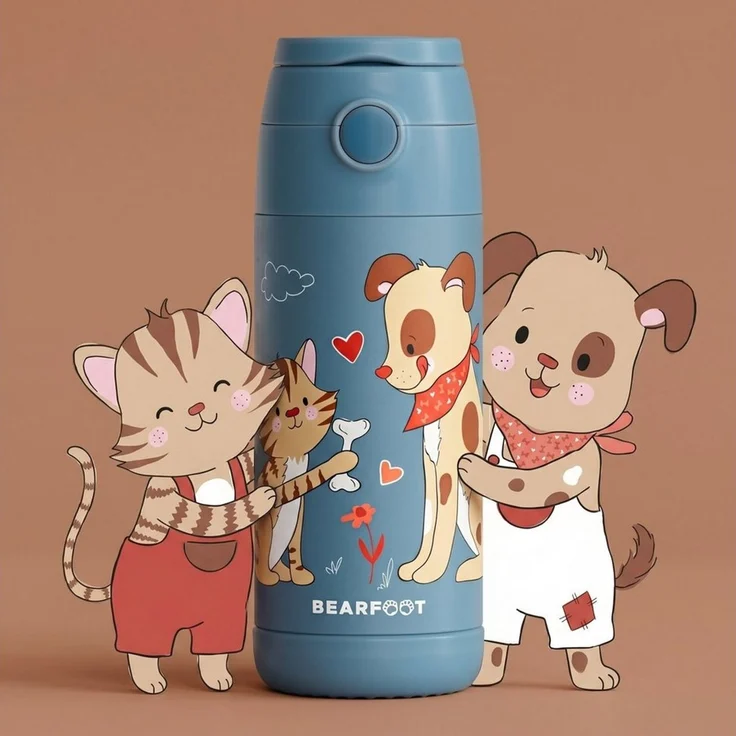 BEARFOOT Trinkflasche Thermo Kinder Trinkflasche Edelstahl - Hund & Katze blau, Thermosflasche, auslaufsicher, Edelstahl, Kinderflasche, BPA-frei – Bild 2