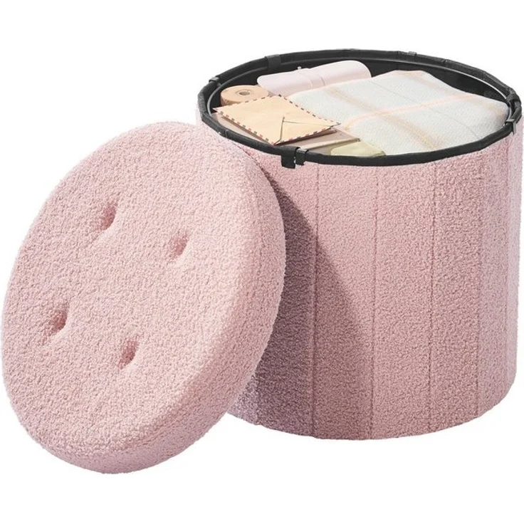 SONGMICS MAZIE Kollektion – Sitzhocker rund, Fußhocker mit Stauraum, faltbarer Hocker mit abnehmbarem Deckel, einfache Montage, Fleece, Wohnheim, Schlafzimmer, Wohnzimmer, pastellrosa – Bild 4