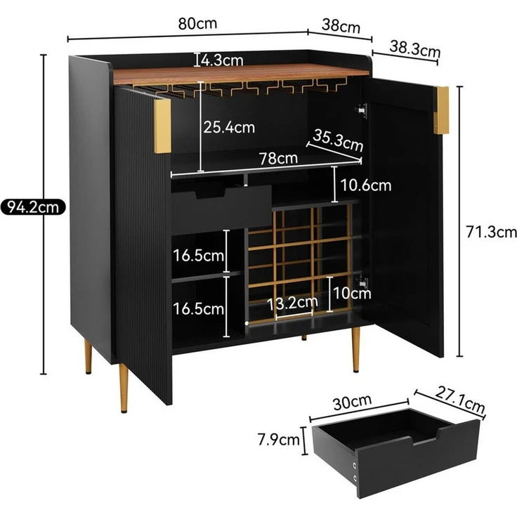 HOLTICO Weinschrank Multifunktionaler Bar-Schrank, moderner Kaffeetresen-Schrank (1-St) mit 9 Flaschenregalen, 6 Glas-Halterungen, Schublade & Regalen – Bild 2