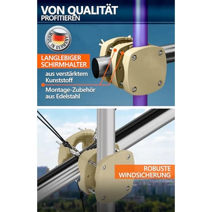 4smile 2 x Sonnenschirmhalter Balkongeländer SunnyBoy 3.0 + Windsicherung für Schirme - Schirmhalterung Balkongeländer als Sonnenschirmständer Balkon - Sonnenschirm Halterung Balkon, Sandbraun – Bild 7