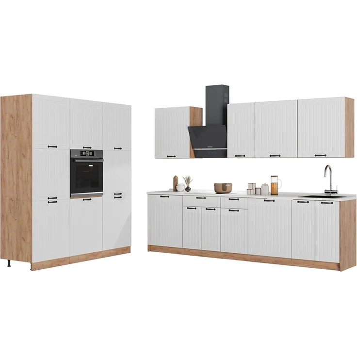 Küchenzeile Fame-Line Weiß Landhaus/Goldkraft Eiche 460 cm, AP Eiche Vicco – Bild 4