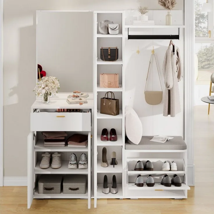 Flieks Garderoben-Set Spiegel & Kleiderhaken, Schuhschrank mit SItzkissen und Klappen, (B150xT36xH180 cm, Schrank mit verstellbaren Einlegeböden), Kompaktgarderobe Einganschrank Flurmöbel-Set Weiß