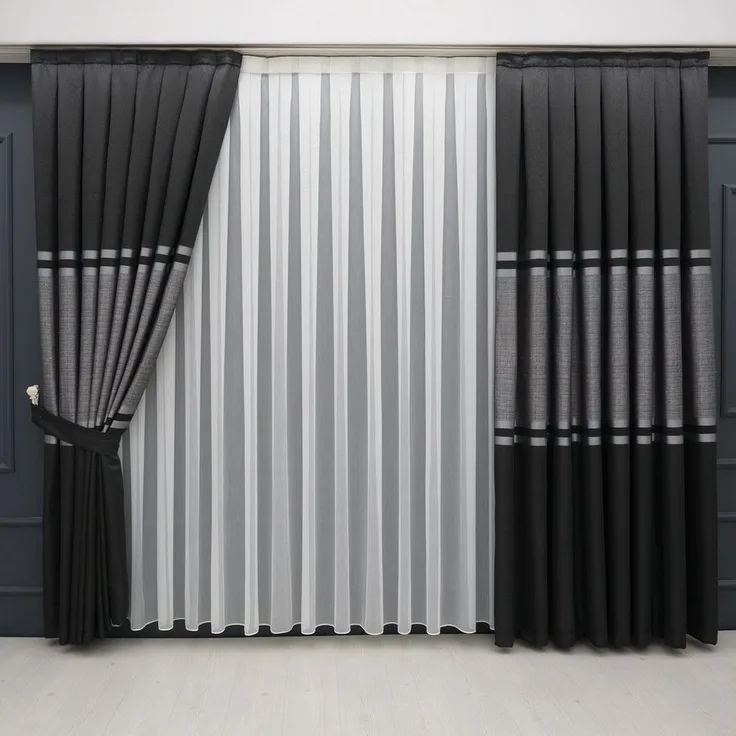 Gardinen by Justyna Vorhang Vorhang Komplett-Set Vorhang Schwarz Grau – Falten mit Store (5 St), Kräuselband, halbtransparent, Fertiggardine, Halbtransparent, Faltenband, Komplett-Set, Pflegeleicht