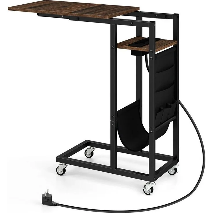 COSTWAY Beistelltisch, C-förmig mit Ladestation, ausziehbarer Tischplatte, Rollen