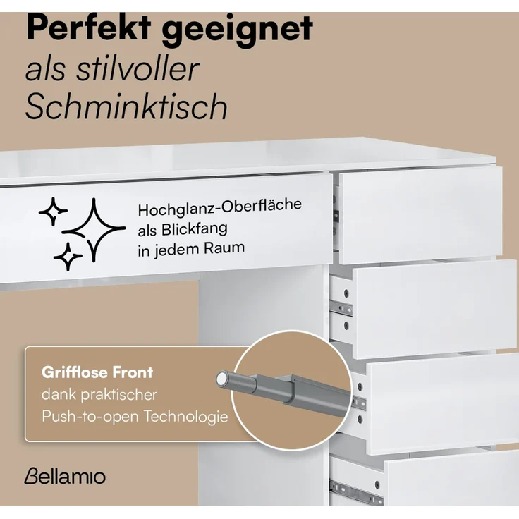 Bellamio 'Livny' Schminktisch mit Spiegel, LED-Beleuchtung, mit 5 Schubladen, beidseitig montierbar, weiß Hochglanz, 80x53x110 cm, LED-Beleuchtung mit mit 3 einstellbaren Lichtfarben – Bild 3