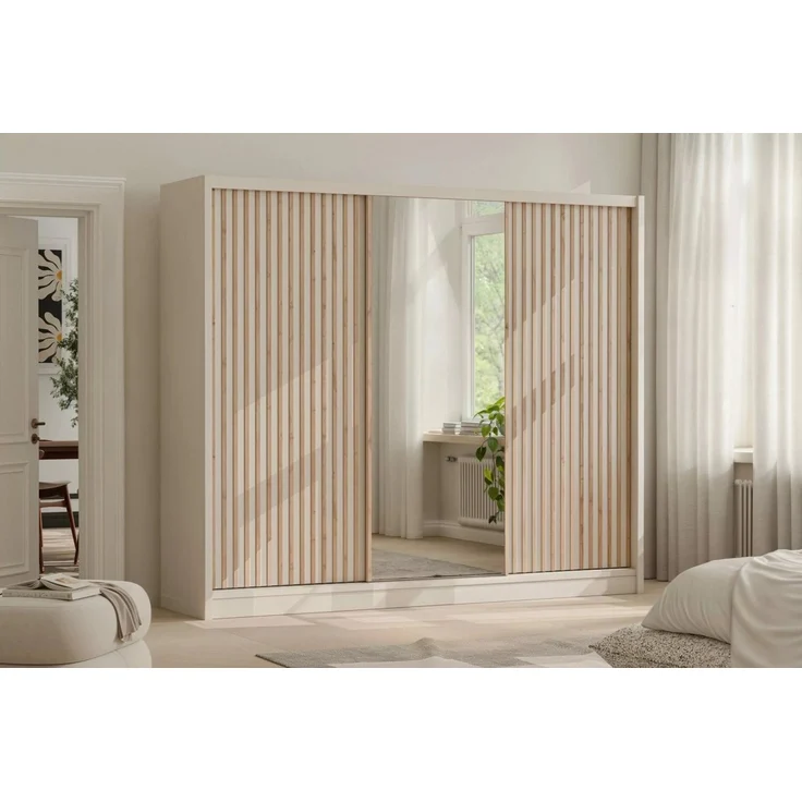 Deine Möbel 24 Schwebetürenschrank NEW YORK LUX Kleiderschrank mit Spiegel und Lamellen, 250 oder 203 cm (Set, 1-St, ideal für Schalfzimmer & Flur) in Kaschmir, modern, mit viel Stauraum – Bild 2