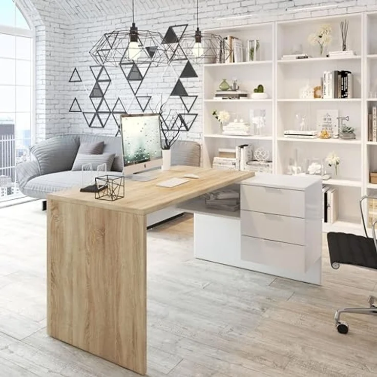 Wendeschreibtisch mit 3-Schubladen-Kommode, Eckschreibtisch, cm 145x108h73, Eiche und Weiß – Bild 7
