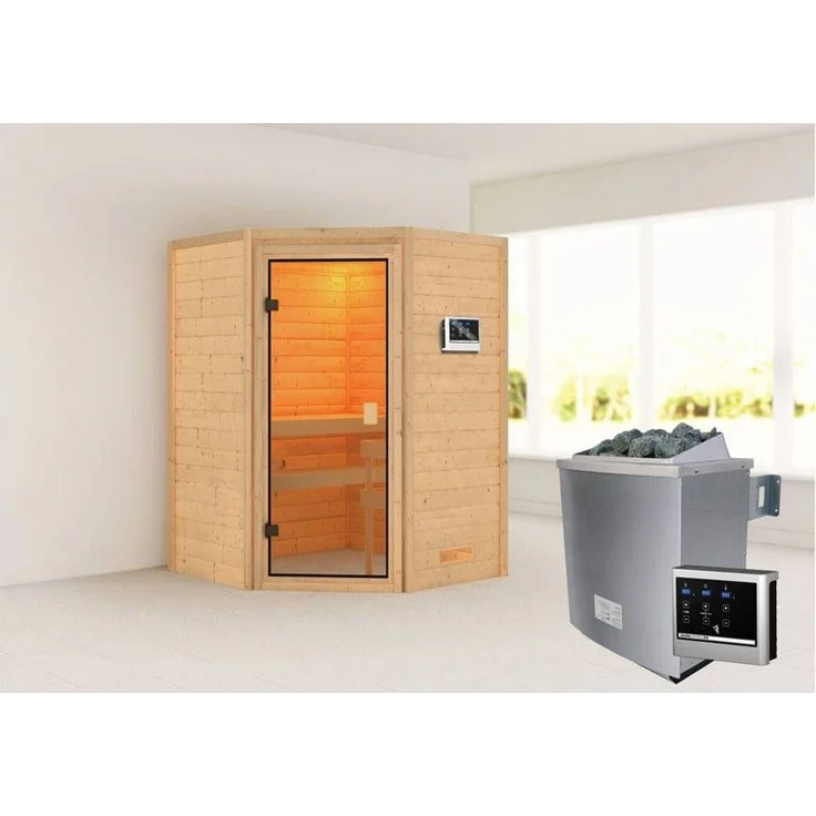 Karibu Ecksauna Antonia mit Dachkranz + 9kW Saunaofen mit ext. Steuerung Easy – Bild 1