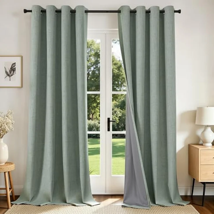 Joydeco Verdunkelungsvorhänge, 305 cm lang, extra lang, Verdunkelungsvorhänge für Wohnzimmer, Schlafzimmer, Leinenstruktur, Raumverdunkelungsvorhänge für Fenster mit Ösen, Salbeigrün (132 x 305 cm, – Bild 1