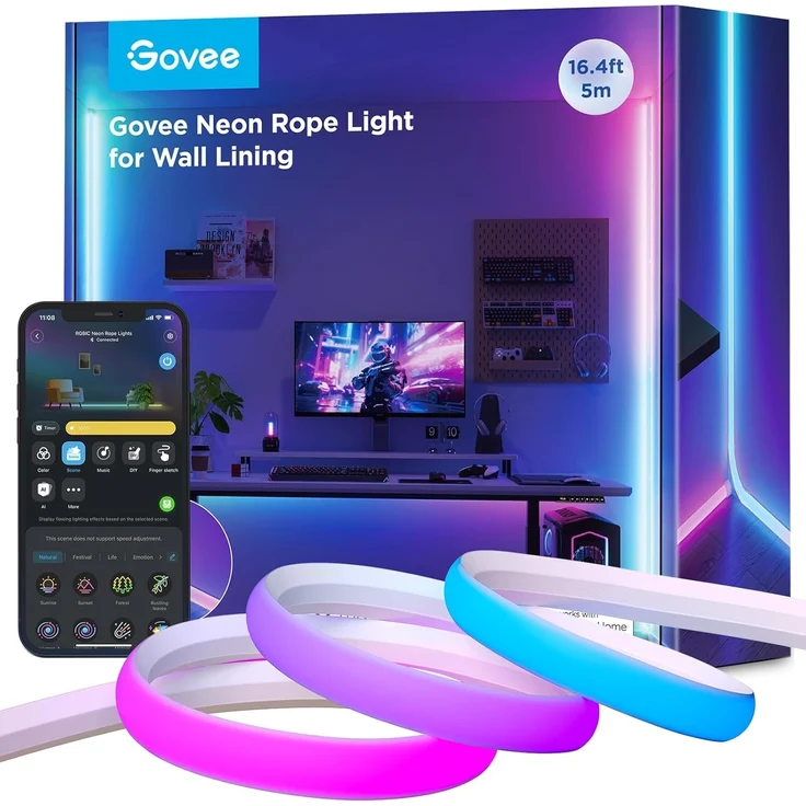 Govee Neon LED Strip für Sockelleiste,5M RGBIC LED Streifen für Wandlinien und Ecken, Kompatibel mit Matter，Musiksync, Zuschneidbar, Neon Licht Deko für Wohnzimmer, Korridor, Schlafzimmer