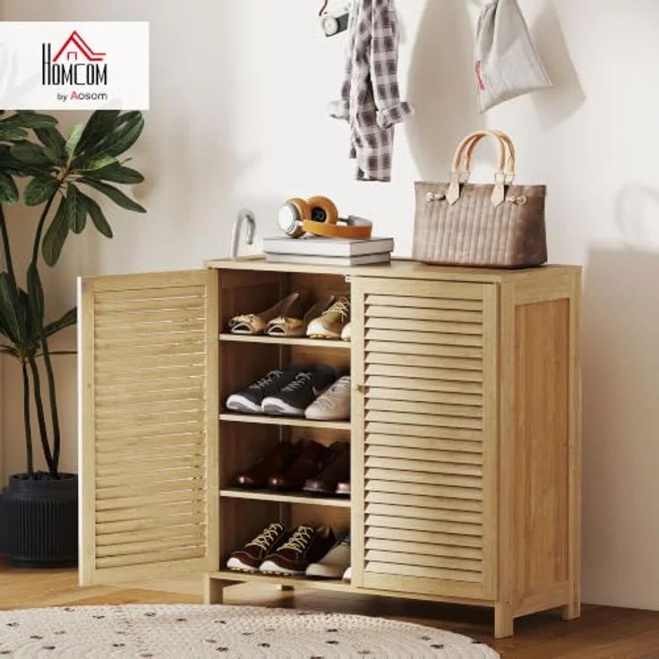 HOMCOM Schuhschrank Bambus, für ca. 14 Paar Schuhe, 3 verstellbare Einlegeböden, Lamellentüren, Natur – Bild 2