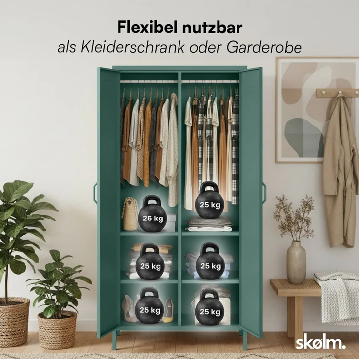 skølm 'Atria' Kleiderschrank, Metall, 170x45x80 cm, dunkelgrün, Garderobe mit 4 Fächern und 2 Kleiderstangen – Bild 5