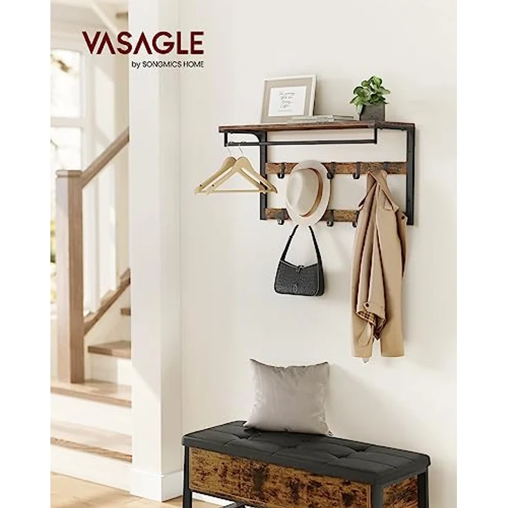 VASAGLE Wandgarderobe, mit Ablage, Wandregal mit 10 abnehmbaren Haken, Hängeregal, Wandmontage, 2 Garderobenleisten, Kleiderstange, für Flur, Schlafzimmer, Badezimmer, vintagebraun-schwarz LCR201B01 – Bild 3