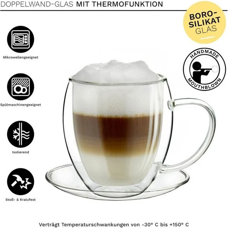 Creano Teeglas Creano 2er-Set Thermotasse, Extra Große doppelwandige Gläser mit Unter, Borosilikatglas, 2 Tassen mit Untertassen – Bild 2