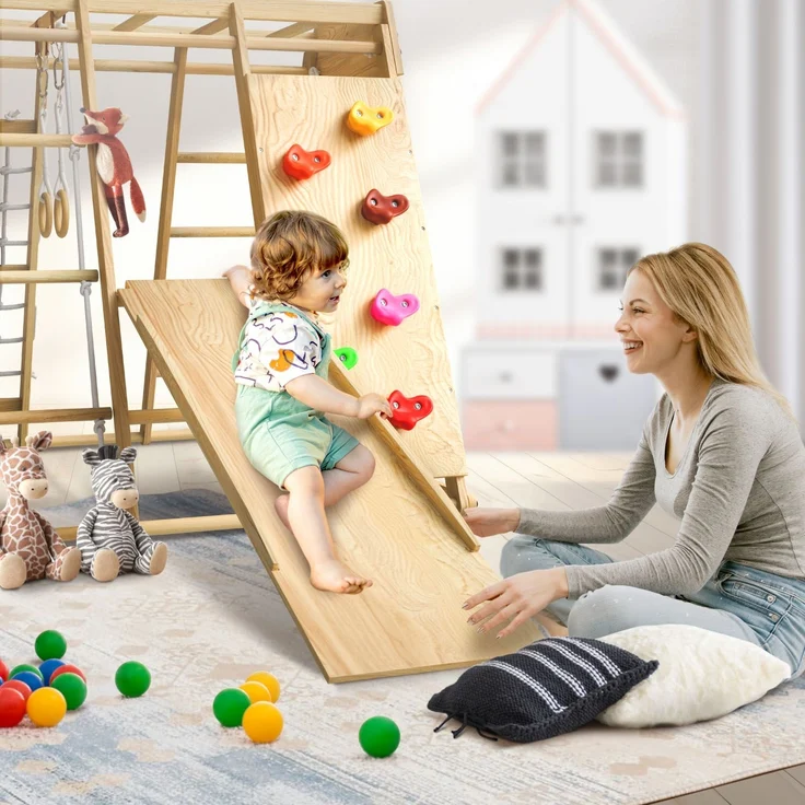 Juskys 'Maxi' Klettergerüst für Kinder - Indoor Spielplatz mit Rutsche, Kletterwand, Kletternetz & Schaukel - Holz Kletterturm klappbar - Holz Natur, 119 x 124 x 119 cm – Bild 7
