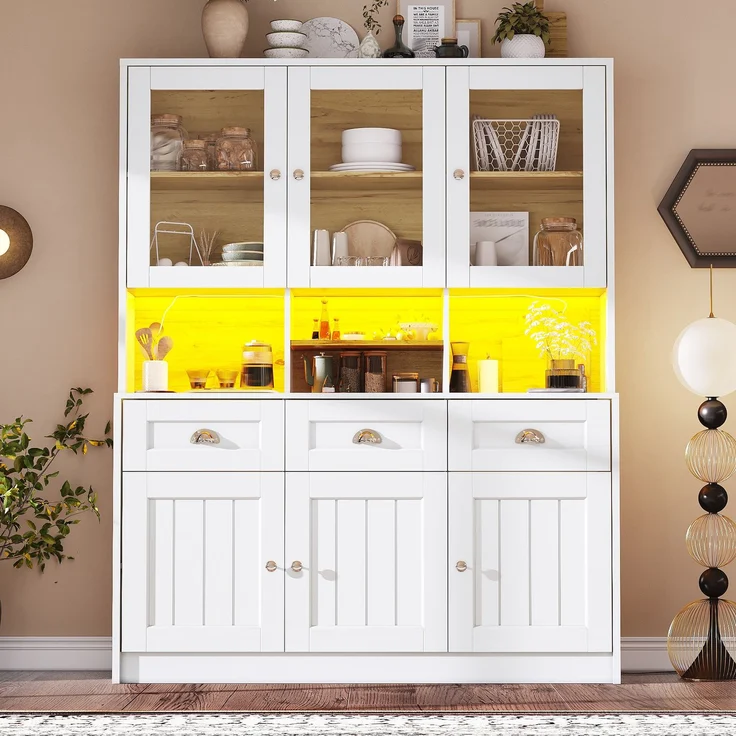 Küchenschrank(140×40×175cm), Hochschrank Küchenbuffet, Vitrinenschrank, Buffetschrank mit Verstellbaren Ablagen, Sideboard mit LED-Beleuchtung,Variable Lichtfarben, Weiß/Schwarz – Bild 2