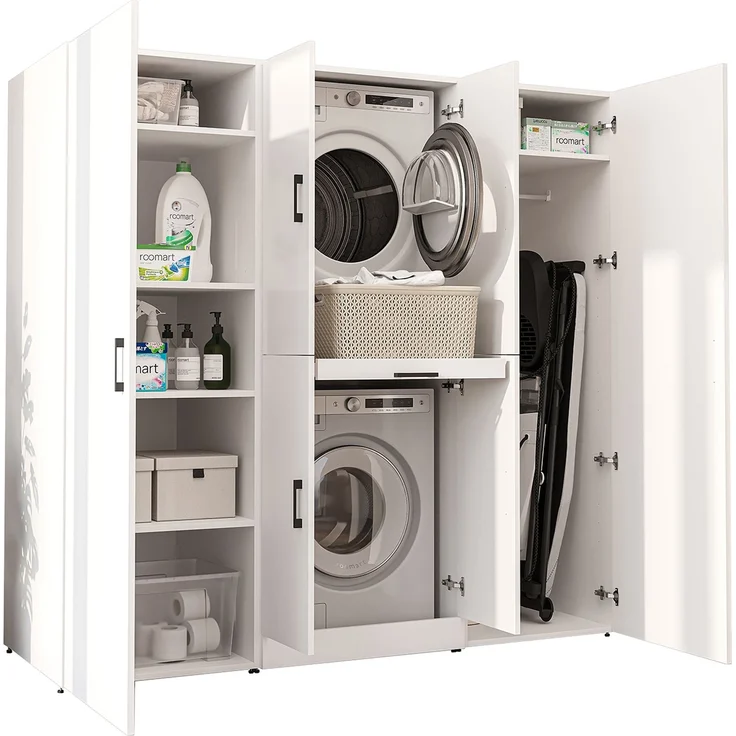 Roomart Waschmaschinenschrank - DORA-I- 190 cm breit - Wasch- & Trocknerschrank mit 2 Hochschränken, Türen & Ausziehbrett, Waschmaschinen-Überbau für Waschküche & Hauswirtschaftsraum • Weiß – Bild 8