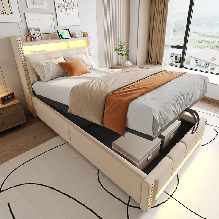 EINHOM Polsterbett Kinderbett 90 x 200 cm mit LED-Beleuchtung und USB-Steckdose, Kopfteil mit Einlegeböden und Stauraum, mit Hydraulik für die Lagerung, Einzelbett, Leinenstoff Beige, (Ohne Matratze) – Bild 3
