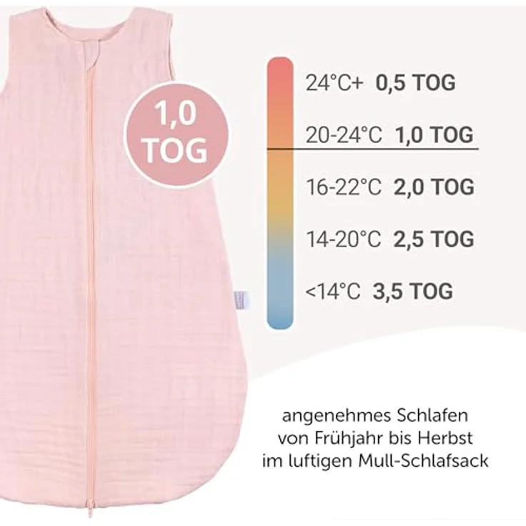 Makian Musselin-Schlafsack, leichter Sommerschlafsack aus 100% Baumwolle, TOG 1.0, Puder, Gr. 90 cm – Bild 3