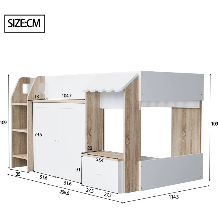 Merax Kinderbett Hausbett 90x200cm, mit offenem Stauraum, mit Kletterleiter, Halbhohes Kinderhochbett, Massivholz-Kinderetagenbett ohne Matratze, Weiß+Holzfarbe – Bild 4