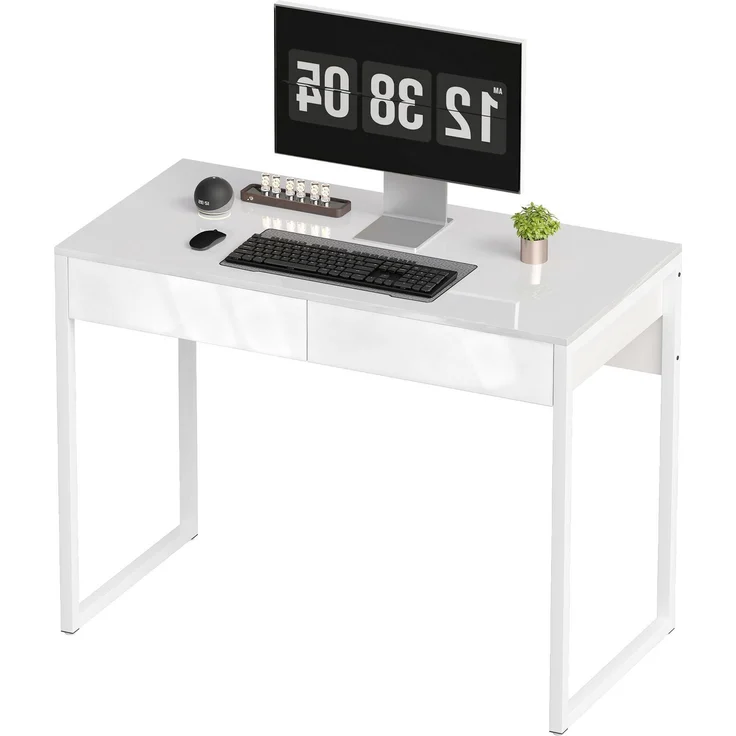 MELAYR, Schreibtisch 100 x 50 cm Computertisch Bürotisch mit 2 Schubladen, für kleine Räume, Weiß – Bild 2
