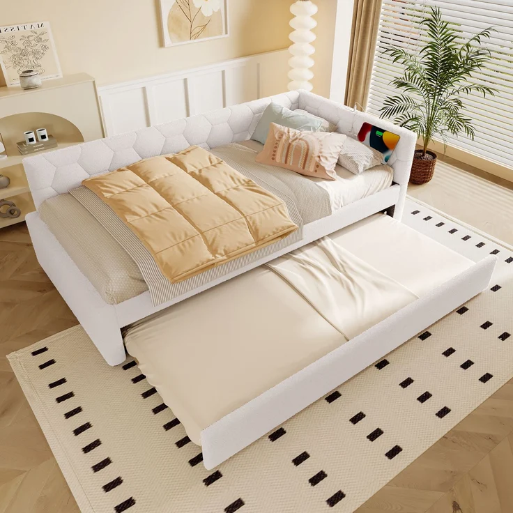 Daybett, 90*200cm Tagesbett, Schlafsofa, Bett mit Lattenrost (ohne Matratze), mit Nachttischlampe, mit multifunktionalem Ausziehbett, USB-Anschluss, Typ-C, Komfortmaterial, Boucle, Weiß – Bild 5