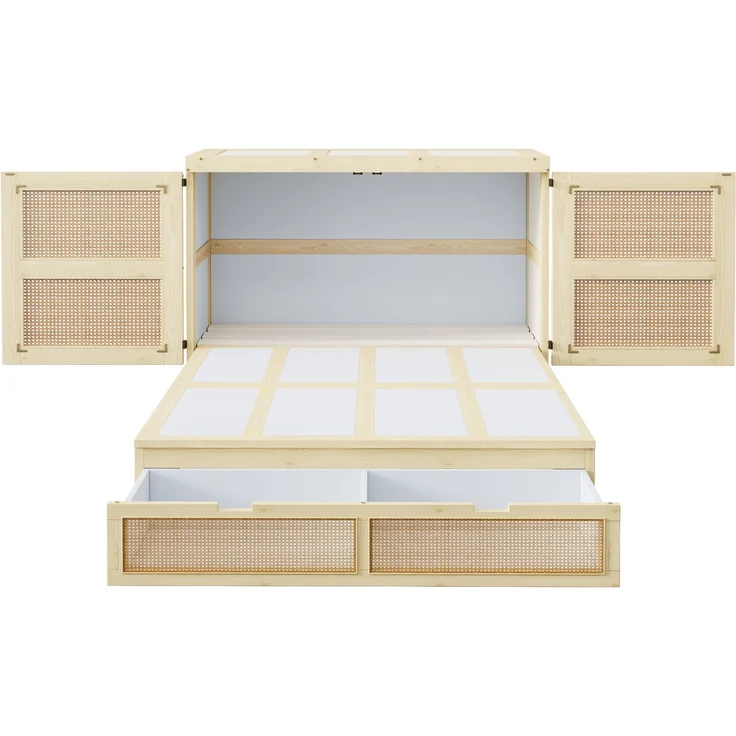 Schrankbett 140 x 200 cm, Wandbett mit Lattenrost, Wandklappbett, Vertikales schrankbett mit Lattenrost, mit Stauraumschubladen, Rattan-Design, Holzbetten, Jugendbetten, Einzelbetten, Holzfarbe – Bild 8